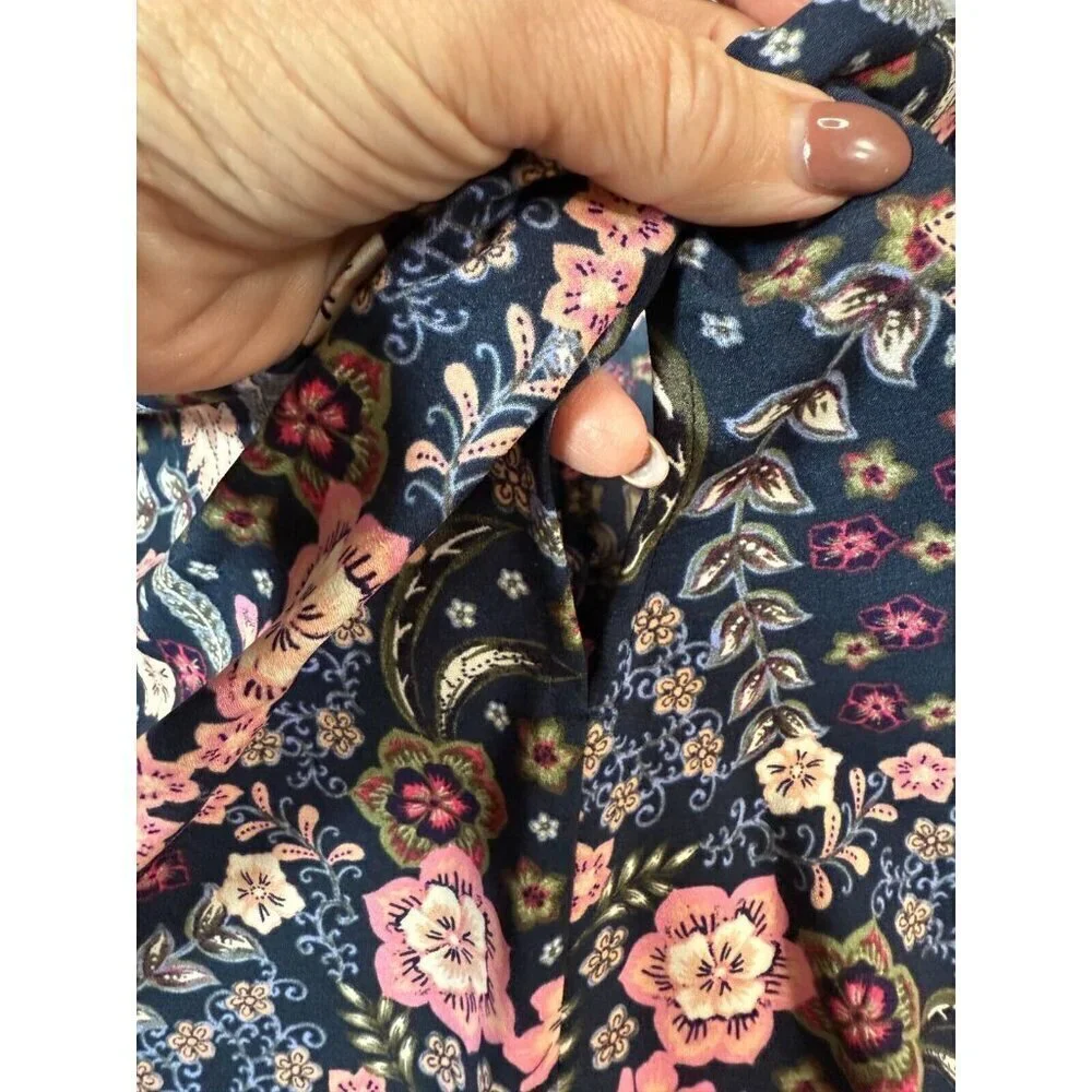 Loft Blouse Top Womens Large Multi Floral Bloom Twist Bubble Sleeve Keyhole Back